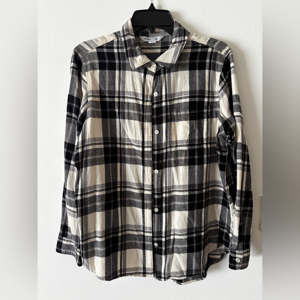 Old Navy Black and White Plaid Cozy Casual Flannel Button Down Shirt large